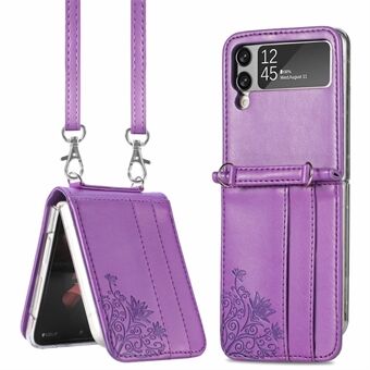 Card Holder Phone Case for Samsung Galaxy Z Flip4 5G, Imprinting Flower PU Leather Coated PC Cover with Shoulder Strap