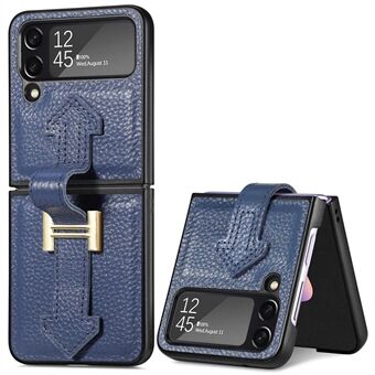 For Samsung Galaxy Z Flip4 5G Shockproof Litchi Texture Phone Case Kickstand Genuine Leather Coated Hard PC Cover Folding Phone Shell