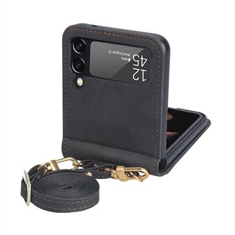 For Samsung Galaxy Z Flip4 5G One-piece Design PU Leather Coated PC Cover Card Holder Folding Phone Case with Long Lanyard