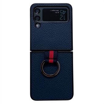For Samsung Galaxy Z Flip4 5G Genuine Litchi Leather Coated PC Anti-drop Back Cover Folding Phone Case with Finger Ring Holder