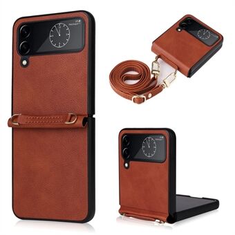 For Samsung Galaxy Z Flip4 5G Textured Leather Coated PC Cover Drop-proof Phone Case with Long Lanyard