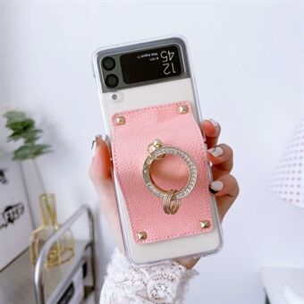 For Samsung Galaxy Z Flip4 5G Clear Hard PC Folding Phone Case with PU Leather Hinge Hand Strap and Ring Holder
