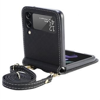 Anti-fall Phone Cover For Samsung Galaxy Z Flip4 5G, One-piece Design Grid Imprinted Phone Case with Long Lanyard Card Holder