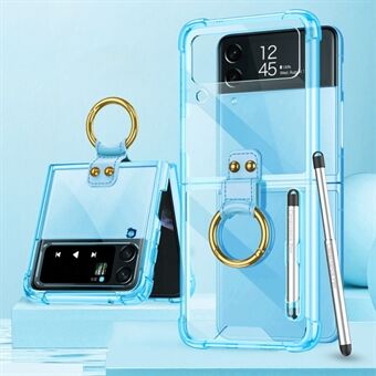 GKK For Samsung Galaxy Z Flip4 5G Finger Ring Design Airbag Anti-fall TPU Transparent Phone Case with Stylus Pen