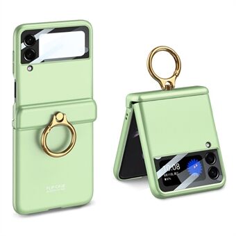 GKK For Samsung Galaxy Z Flip4 5G Anti-scratch Phone Case Metal Ring Holder Kickstand Magnetic Absorption Hinge PC Folding Cover with Camera Lens Film