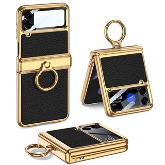 GKK For Samsung Galaxy Z Flip4 5G Litchi Texture PU Leather + PC + Metal Electroplating Phone Case with Ring Kickstand and Integrated Small Screen Film