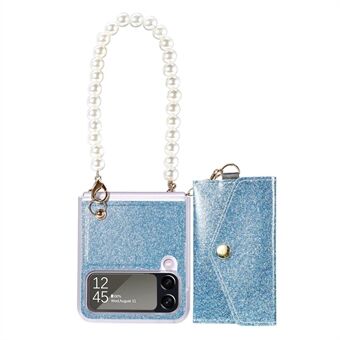 For Samsung Galaxy Z Flip4 5G Glittery Phone Case Protective Anti-Drop Case PU Leather Coated Hard PC Cover with Hand Grip / Mini Card Pouch