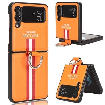 For Samsung Galaxy Z Flip4 5G Colored Stripe Pattern Printed Phone Case  PU Leather Coated Hard PC Protective Cover with Finger Ring Strap