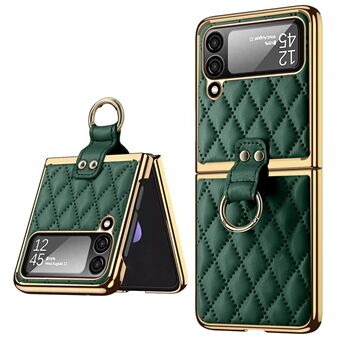 For Samsung Galaxy Z Flip4 5G PU Leather + Hard PC Phone Case Rhombus Imprinted Ring Holder Kickstand Electroplating Cover with Small Screen Film