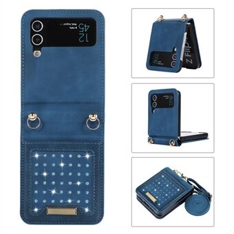 For Samsung Galaxy Z Flip4 5G RFID Blocking Phone Case Rhinestone Decor Wallet PU Leather Coated PC Folding Cover with Shoulder Strap