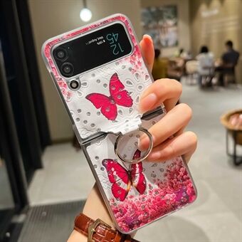 For Samsung Galaxy Z Flip4 5G Pattern Printing Rhinestone Decor Phone Case PU Leather Coated PC Case with Ring Holder