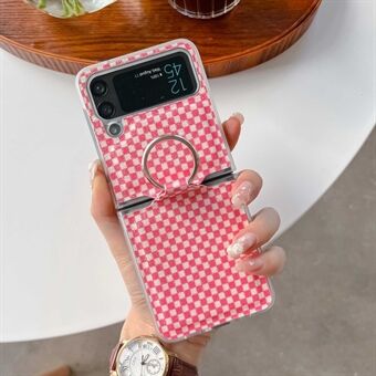 For Samsung Galaxy Z Flip4 5G Shiny Glitter Square Grid Phone Case Finger Ring Holder Leather Coated PC Cover