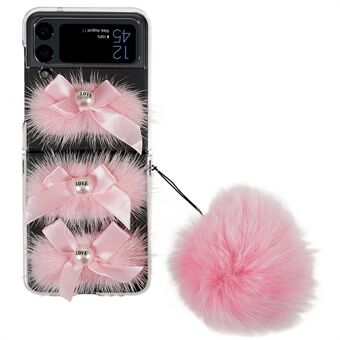 For Samsung Galaxy Z Flip4 5G Rhinestone Decor Fluffy Soft Fur Phone Case Hard PC Shockproof Protective Cover with Plush Ball Strap