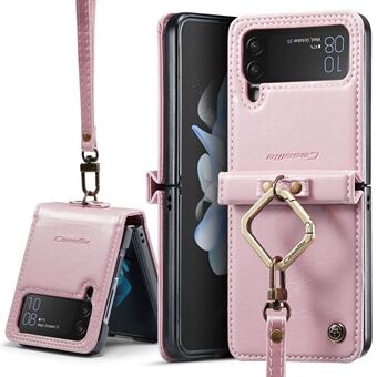 CASEME 003 Series For Samsung Galaxy Z Flip4 5G PU Leather Coated PC Kickstand Case Waxy Texture Phone Cover with Detachable Ring Holder and Hand Strap