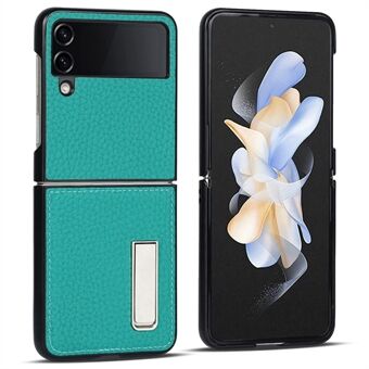 For Samsung Galaxy Z Flip4 5G Folding Phone Case Litchi Texture Genuine Leather Coated PC Cover with Kickstand
