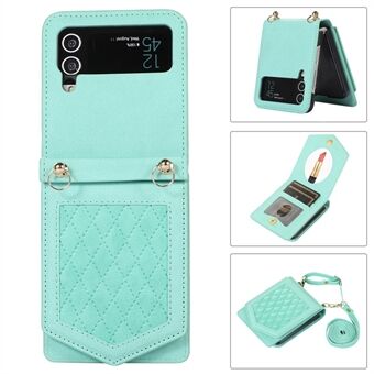 For Samsung Galaxy Z Flip4 5G Makeup Mirror Folding Phone Case Card Holder RFID Blocking Imprinted PU Leather + PC Cover with Shoulder Strap