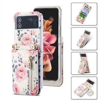 POLA For Samsung Galaxy Z Flip4 5G PU Leather Kickstand Phone Case Rose Pattern Printing Zipper Coin Pocket Cover with Card Holder