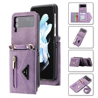 POLA For Samsung Galaxy Z Flip4 5G Multiple Card Slots Zipper Pocket Kickstand PU Leather Phone Cover with Shoulder Strap