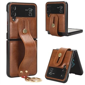 Anti-fall Shell for Samsung Galaxy Z Flip4 5G Leather Coating PC+TPU Wristband Kickstand Phone Cover with Neck Strap