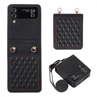 Leather Phone Case for Samsung Galaxy Z Flip4 5G , Rhombus Imprint Cover with Hand Strap and Shoulder Strap