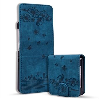 For Samsung Galaxy Z Flip4 5G PU Leather Card Holder Phone Case Imprinted Cat Flower Anti-drop Cover