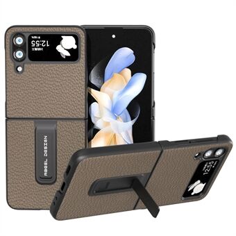 ABEEL For Samsung Galaxy Z Flip4 5G Litchi Texture Kickstand Phone Case Cowhide Leather Coated PC Cover