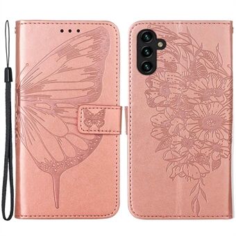 YB Imprinting Series-4 for Samsung Galaxy A14 5G PU Leather Full Protection Phone Case Butterfly Flower Imprinted Flip Stand Wallet Cover with Strap