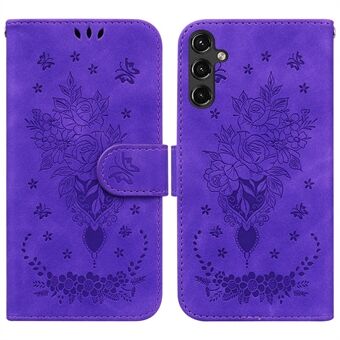 For Samsung Galaxy A14 5G PU Leather Wallet Phone Case Rose Butterfly Imprinted Magnetic Closure Stand Folio Cover with Strap