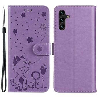 For Samsung Galaxy A14 5G KT Imprinting Flower Series-4 Shockproof Phone Case Imprinted Cat and Bee Pattern PU Leather Flip Wallet Cover Stand with Strap
