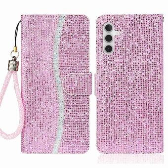 For Samsung Galaxy A14 5G Phone Case Glittery Powder PU Leather Foldable Stand Wallet Style Flip Shell with Wrist Strap
