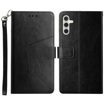 For Samsung Galaxy A14 5G HT01 PU Leather Imprinted Y-Shaped Lines Phone Case Anti-drop Wallet Stand Cover with Strap