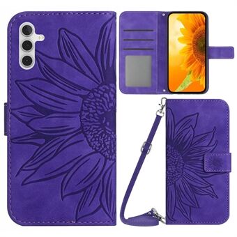 For Samsung Galaxy A14 5G HT04 Imprinted Sunflower PU Leather Stand Case Skin-Touch Magnetic Clasp Phone Wallet Cover with Shoulder Strap