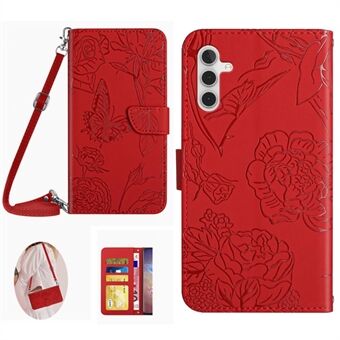 For Samsung Galaxy A14 5G HT03 Imprinted Butterfly Flowers PU Leather Wallet Case Skin-touch Stand Magnetic Closure Phone Cover with Shoulder Strap