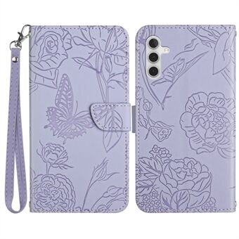 For Samsung Galaxy A14 5G HT03 Imprinted Butterfly Flowers Wallet Phone Case Skin-touch PU Leather Magnetic Closure Handbag Flip Stand Cover with Strap