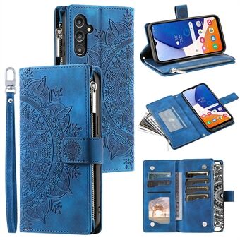 For Samsung Galaxy A14 5G PU Leather Mandala Flower Imprinted Handbag Phone Case Multiple Card Slots Wallet Zipper Pocket Stand Flip Cover with Strap