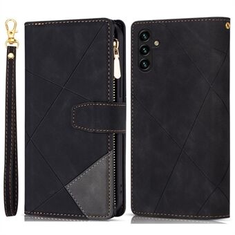 For Samsung Galaxy A14 5G Color Splicing Zipper Pocket Flip Wallet Case PU Leather Imprinting Lines Stand Shockproof Phone Cover with Strap