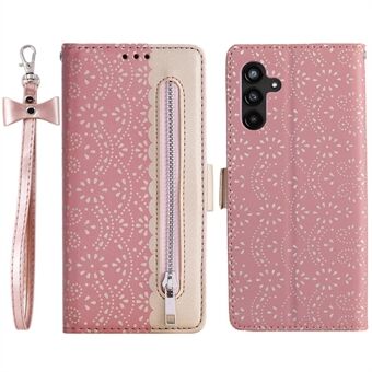 For Samsung Galaxy A14 5G Phone Stand Cover Zipper Wallet Lace Flower Pattern PU Leather Phone Case with Bowknot Wrist Strap