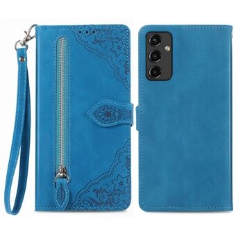 For Samsung Galaxy A14 5G / A14 4G Drop Protection Flip Phone Case Wallet Stand Flower Imprinted PU Leather Zipper Pocket Phone Cover