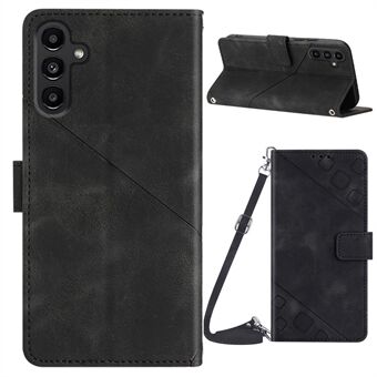 PT005 YB Imprinting Series-7 for Samsung Galaxy A14 5G PU Leather Wallet Case Imprinted Lines Stand Phone Cover with Shoulder Strap