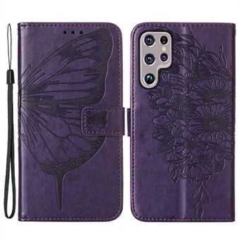 YB Imprinting Series-4 for Samsung Galaxy S23 Ultra PU Leather Full Protection Phone Case Butterfly Flower Imprinted Flip Stand Wallet Cover with Strap