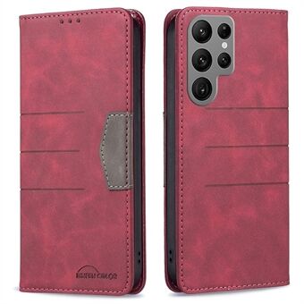 BINFEN COLOR BF Leather Series-1 for Samsung Galaxy S23 Ultra Color Splicing Phone Case Style 10 Lines Imprinted Magnetic Auto-absorbed Flip Leather Wallet Cover
