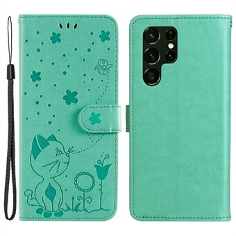 Protective Phone Case For Samsung Galaxy S23 Ultra, KT Imprinting Flower Series-4 Stand Wallet Imprinted Cat and Bee Pattern PU Leather Phone Cover with Strap