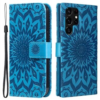 KT Imprinting Flower Series-1 for Samsung Galaxy S23 Ultra Sunflower Imprinted PU Leather Phone Case Stand Protective Cell Phone Wallet Cover with Strap