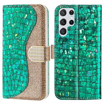 For Samsung Galaxy S23 Ultra Sparkly Glitter Splicing Phone Stand Cover Crocodile Texture Drop-proof PU Leather Wallet Case