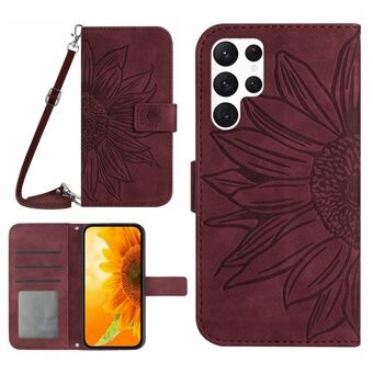 For Samsung Galaxy S23 Ultra HT04 Shock Absorbing Skin-Touch PU Leather Phone Shockproof Case Imprinted Sunflower Stand Wallet Cover with Shoulder Strap