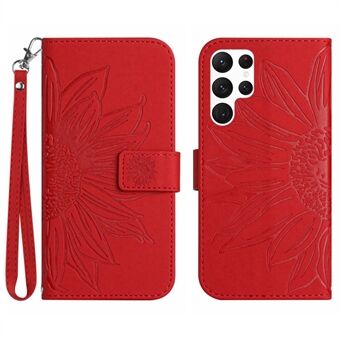 Skin-friendly Phone Cover For Samsung Galaxy S23 Ultra, HT04 Sunflower Imprinted Cell Phone Case with Wallet Stand and Hand Strap
