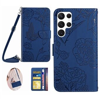 For Samsung Galaxy S23 Ultra HT03 Imprinted Butterfly Flowers Wallet Case Skin-touch PU Leather Magnetic Closure Flip Stand Phone Cover with Shoulder Strap