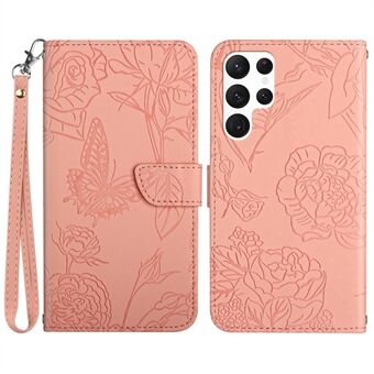 Skin-touch PU Leather Phone Case For Samsung Galaxy S23 Ultra, HT03 Imprinted Butterfly Flowers Magnetic Wallet Stand Shockproof Flip Phone Cover with Strap
