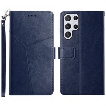 For Samsung Galaxy S23 Ultra HT01 Imprinted Y-Shaped Lines Phone Case Wallet Stand PU Leather Magnetic Clasp Drop-proof Phone Cover with Strap