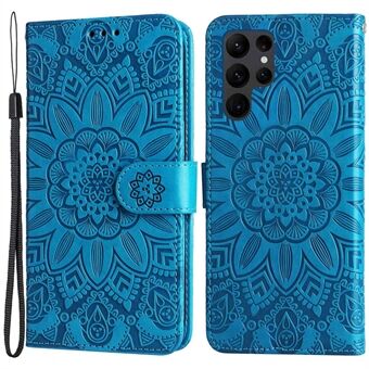 For Samsung Galaxy S23 Ultra Sunflower Imprinted PU Leather Anti-scratch Phone Case Foldable Stand Flip Wallet Cover with Hand Strap